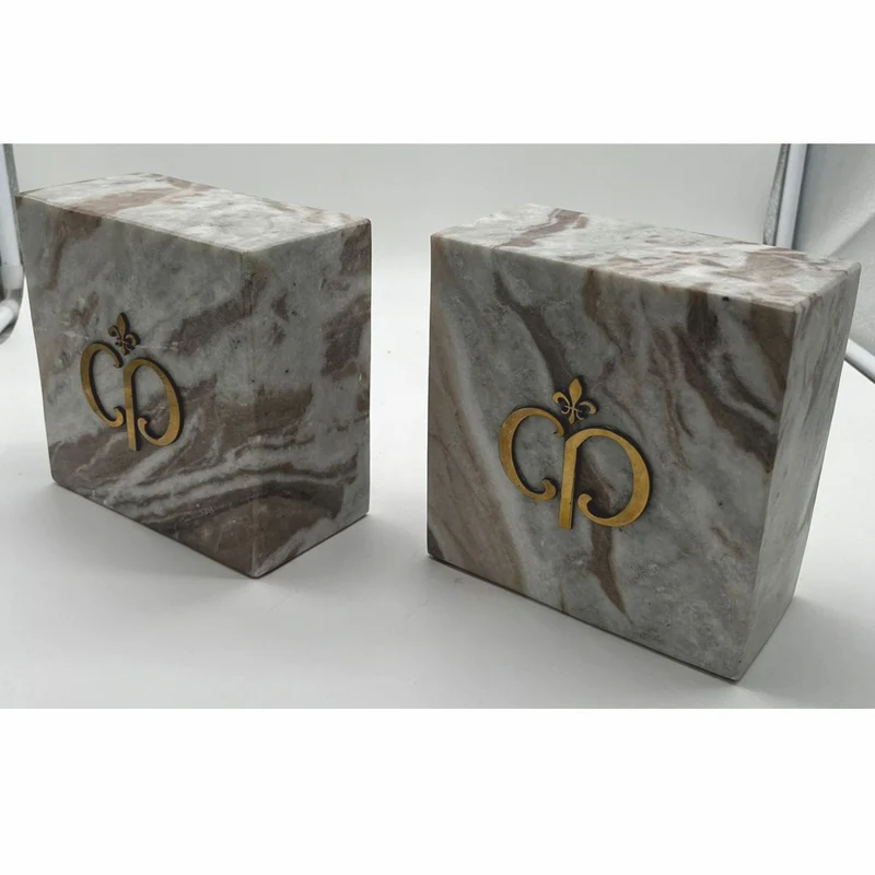 Casa Padrino Luxus Marmor Deko Buchstützen Set Grau-Braun / Gold