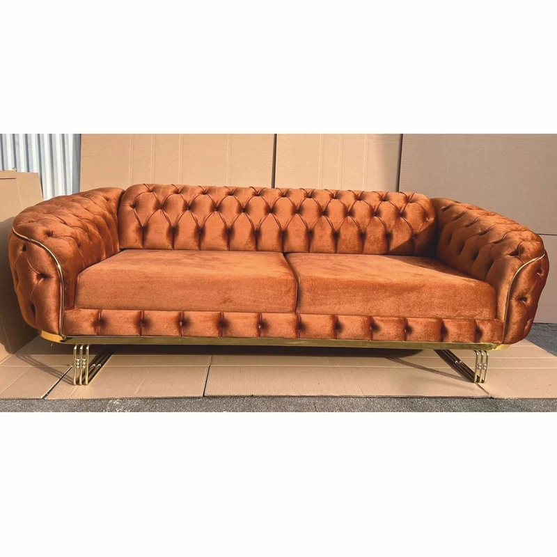 Casa Padrino Luxus Chesterfield Samt Sofa Braun / Gold 240 cm - Luxus Möbel