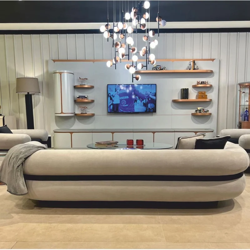 Casa Padrino Luxus TV Sideboard Weiß / Grau / Kupfer 400 cm - Wohnzimmer & Hotel Möbel
