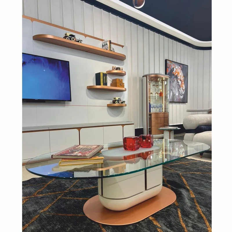 Casa Padrino Luxus TV Sideboard Weiß / Grau / Kupfer 400 cm - Wohnzimmer & Hotel Möbel