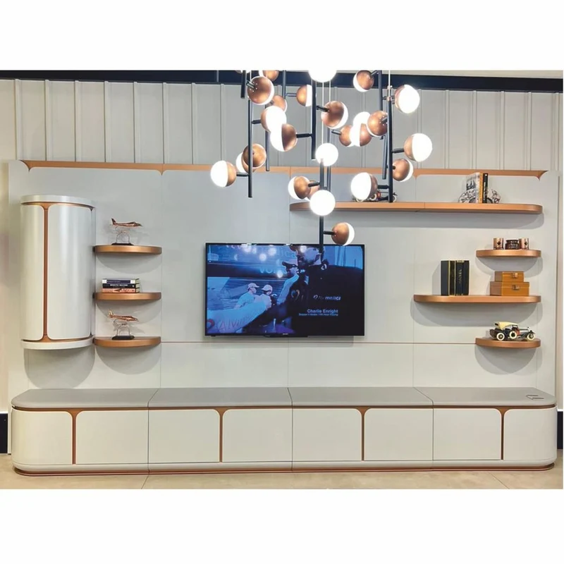 Casa Padrino Luxus TV Schrank Weiß / Grau / Kupfer 430 cm - Wohnzimmer & Hotel Möbel