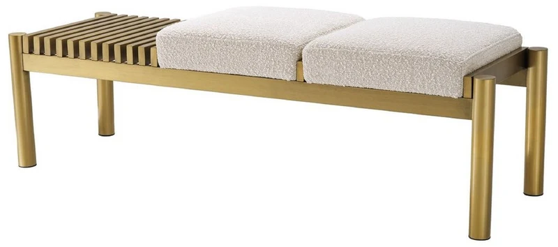 Casa Padrino Luxus Sitzbank Creme / Messing 140 x 44 x H. 45 cm - Gepolsterte Edelstahl Bank - Wohnzimmer Möbel - Hotel Möbel - Luxus Kollektion