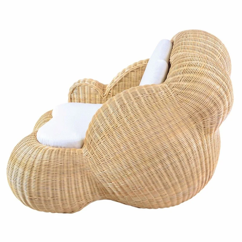 Casa Padrino Luxus Rattan Sessel mit Kissen Naturfarben / Weiß - Rattan Möbel