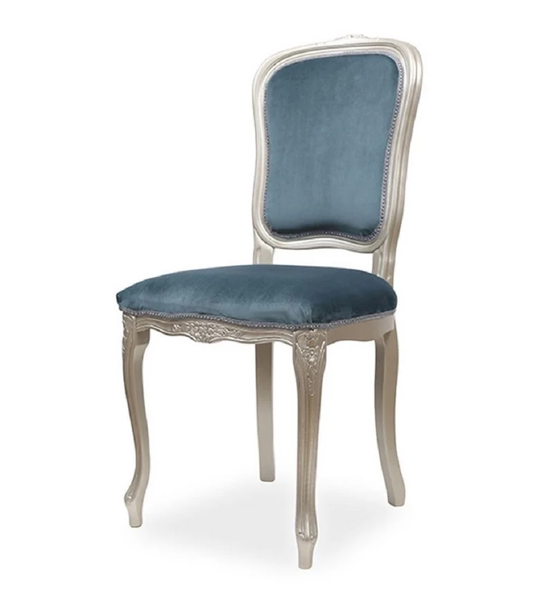 Casa Padrino Luxus Barock Esszimmer Stuhl Blau / Silber H. 100 cm