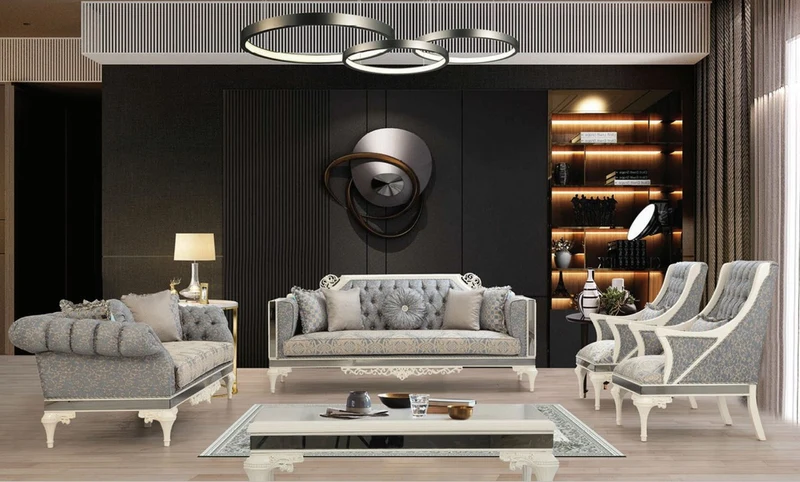 Casa Padrino Luxus Barock Sessel Grau / Beige / Weiß - Prunkvoller Wohnzimmer Sessel mit dekorativem Kissen - Barock Wohnzimmer Möbel