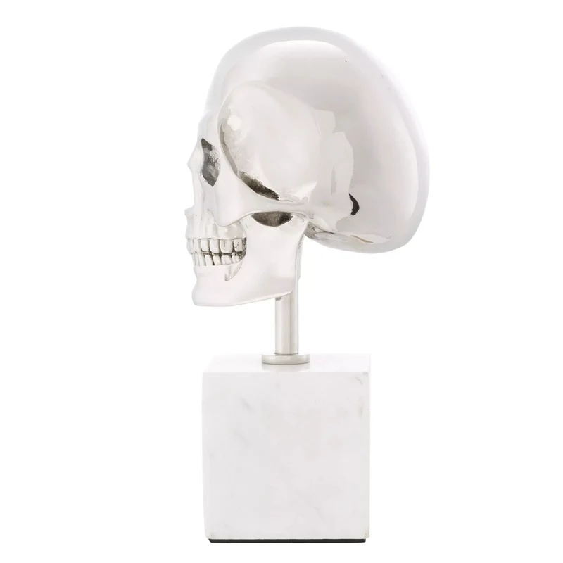 Philipp Plein Luxus Designer Deko Totenkopf Platinfarben / Weiß H. 20cm - Skull Skulptur aus Marmorsockel