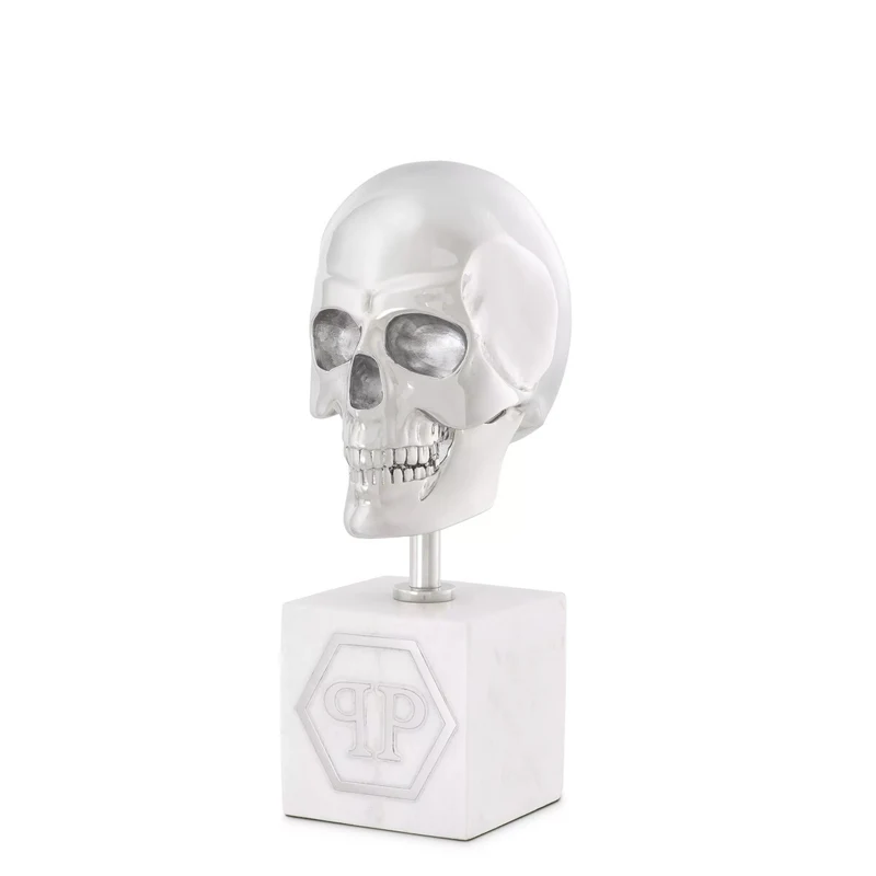 Philipp Plein Luxus Designer Deko Totenkopf Platinfarben / Weiß H. 20cm - Skull Skulptur aus Marmorsockel