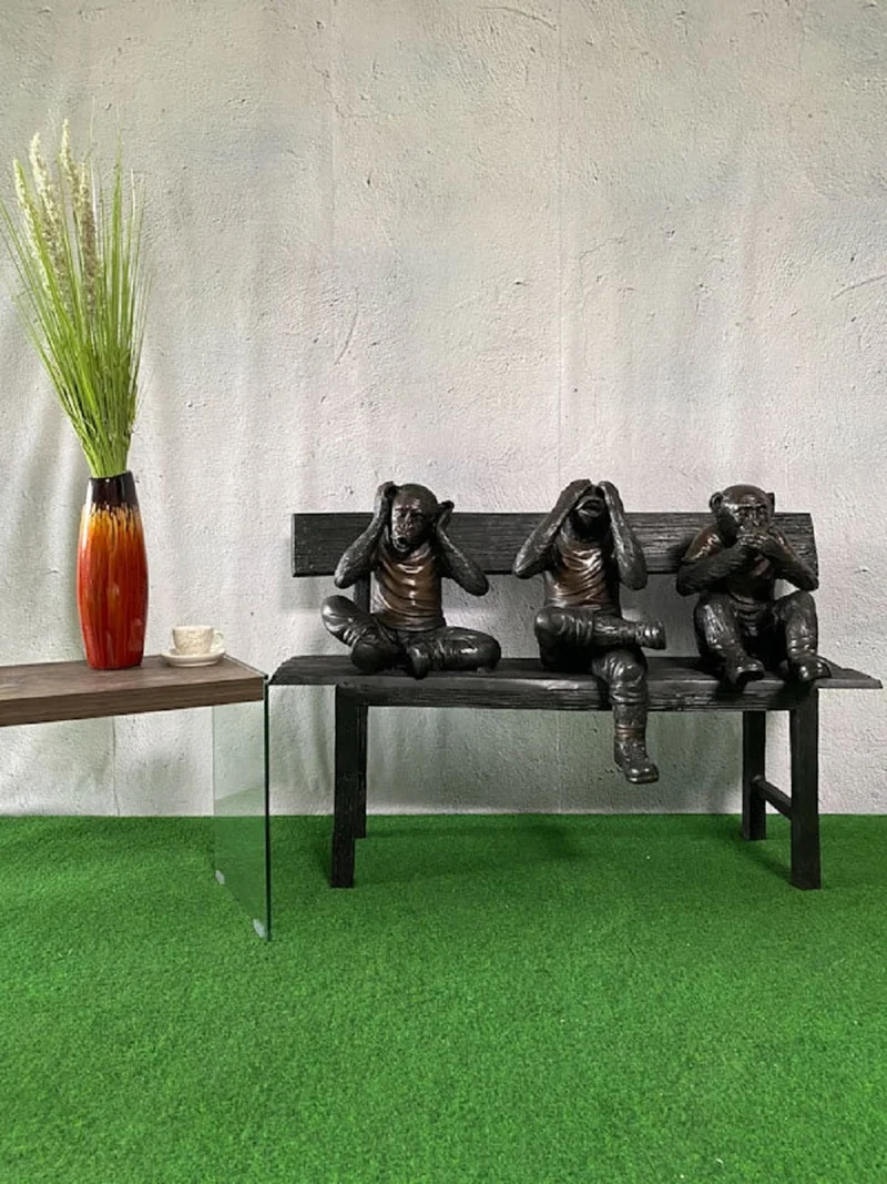 Casa Padrino Luxus Bronze Skulptur 3 Affen auf Sitzbank 112 x 46 x H. 76 cm - Wohnzimmer Deko Figur - Luxus Deko Accessoires
