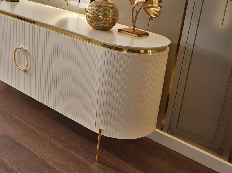 Casa Padrino Luxus Sideboard Weiß / Gold 210 x 52 x H. 78 cm - Edler Massivholz Schrank mit 4 Türen - Luxus Möbel
