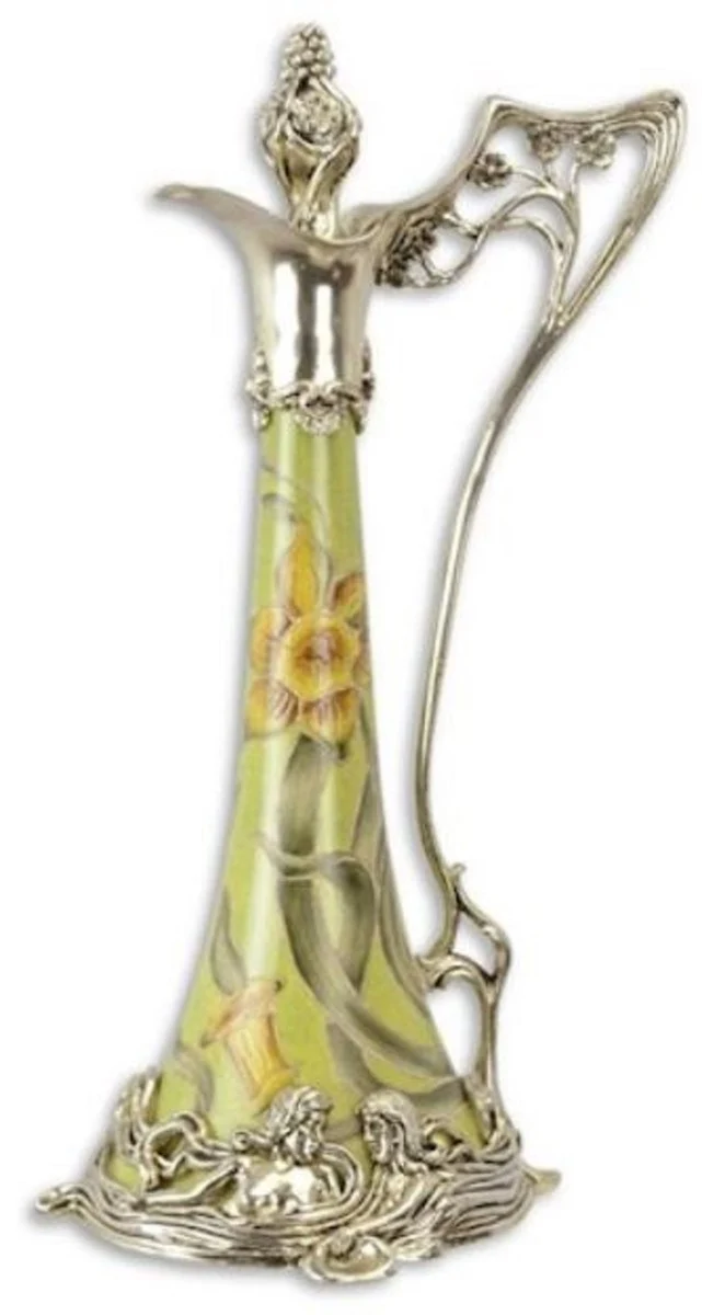 Casa Padrino Jugendstil Weinkrug Grün / Silber 15,5 x 15,2 x H. 33,5 cm - Porzellan Krug mit Deckel und Blumen Design - Barock & Jugendstil Deko Accessoires
