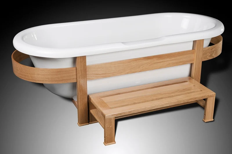 Casa Padrino Luxus Retro Badewanne Weiß / Naturfarben 178 x 76 x H. 73 cm - Freistehende Badewanne mit Holzrahmen und Stufe - Retro Badezimmer Möbel