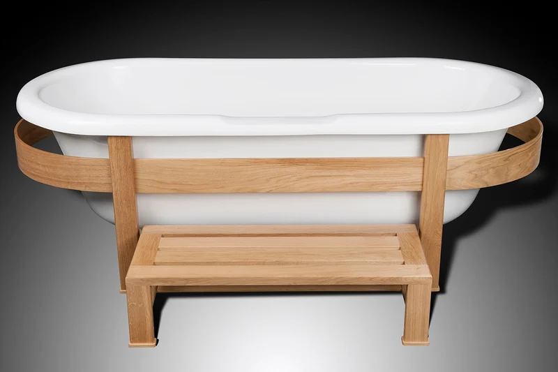 Casa Padrino Luxus Retro Badewanne Weiß / Naturfarben 178 x 76 x H. 73 cm - Freistehende Badewanne mit Holzrahmen und Stufe - Retro Badezimmer Möbel