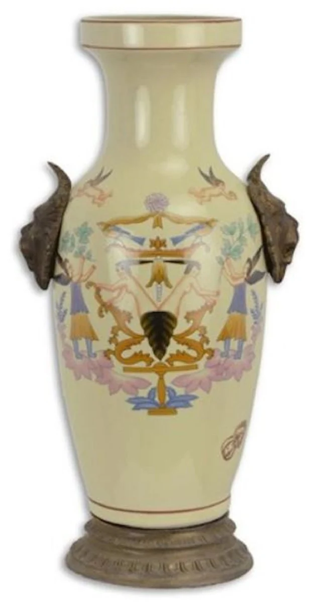 Casa Padrino Jugendstil Deko Vase Cremefarben / Mehrfarbig H. 38,7 cm - Runde Porzellan Blumenvase - Barock & Jugendstil Deko Accessoires