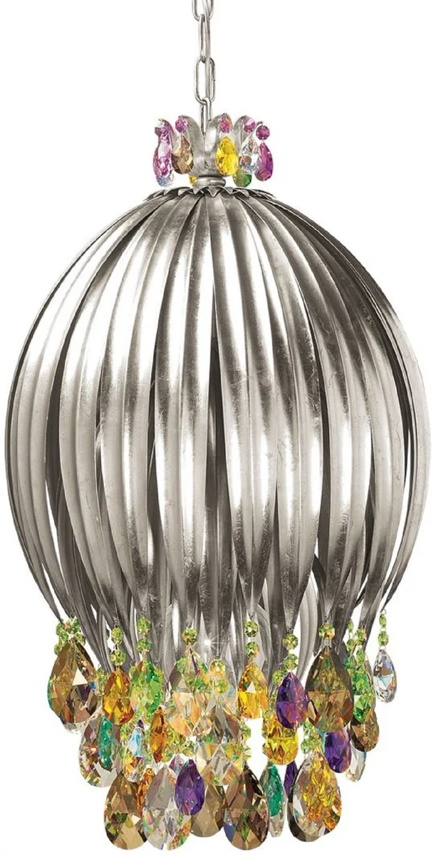 Casa Padrino Luxus Hängeleuchte Silber / Mehrfarbig Ø 40 x H. 70 cm - Moderne Metall Hängelampe mit Swarovski Kristallglas - Luxus Kollektion