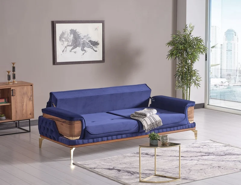 Casa Padrino Luxus Schlafsofa Blau / Braun / Gold 232 x 92 x H. 85 cm - Wohnzimmer Sofa mit 2 Kissen - Luxus Wohnzimmer Möbel