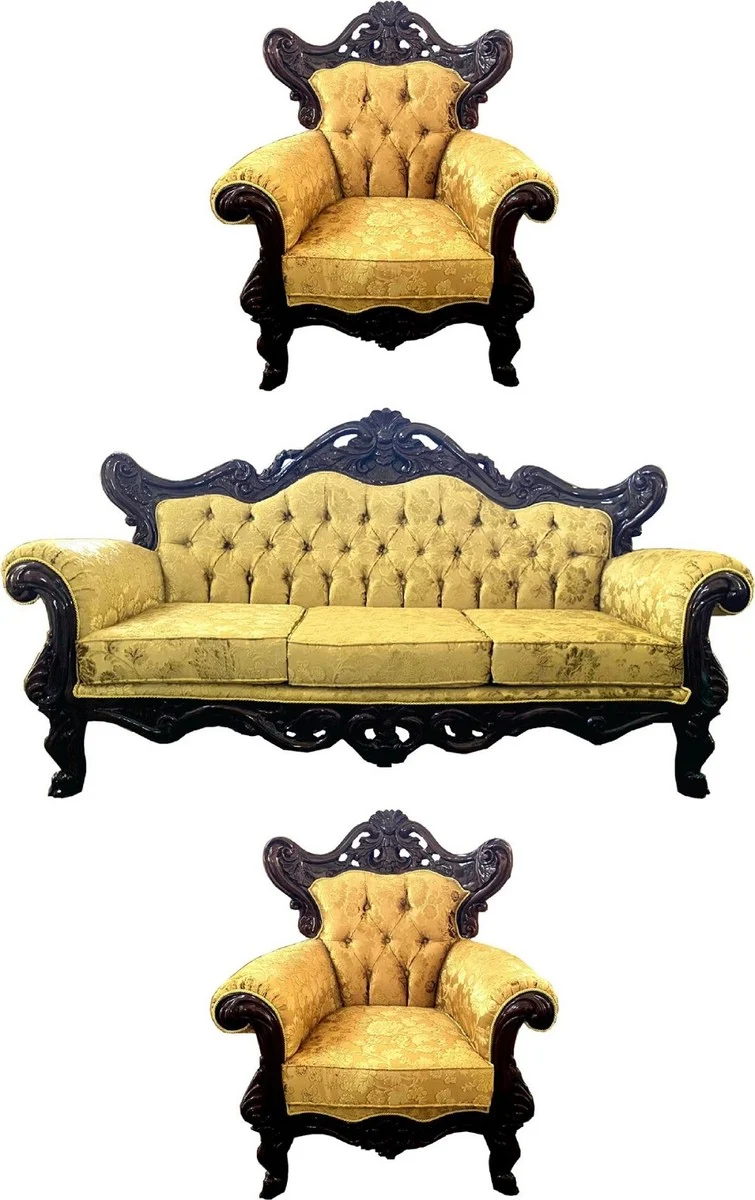 Casa Padrino Luxus Barock Wohnzimmer Set Gold mit Muster / Dunkelbraun - 1 Barock Sofa & 2 Barock Sessel - Wohnzimmer Möbel im Barockstil - Edel & Prunkvoll