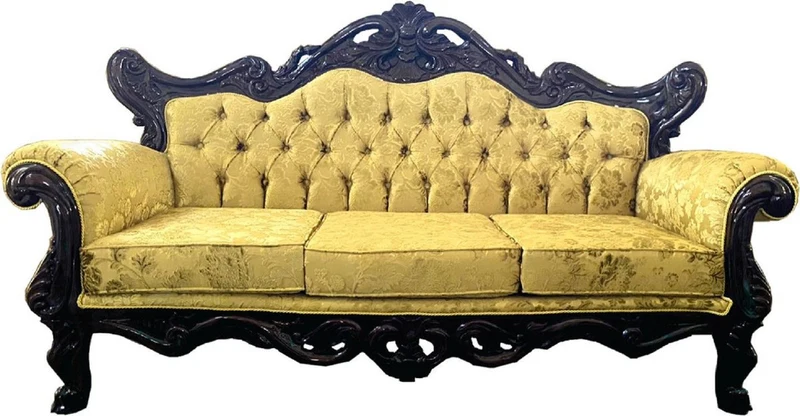 Casa Padrino Luxus Barock Wohnzimmer Set Gold mit Muster / Dunkelbraun - 1 Barock Sofa & 2 Barock Sessel - Wohnzimmer Möbel im Barockstil - Edel & Prunkvoll