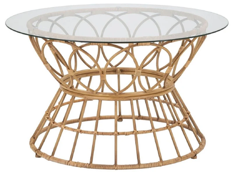 Casa Padrino Luxus Couchtisch mit Glasplatte Naturfarben Ø 75 cm - Wohnzimmer Möbel