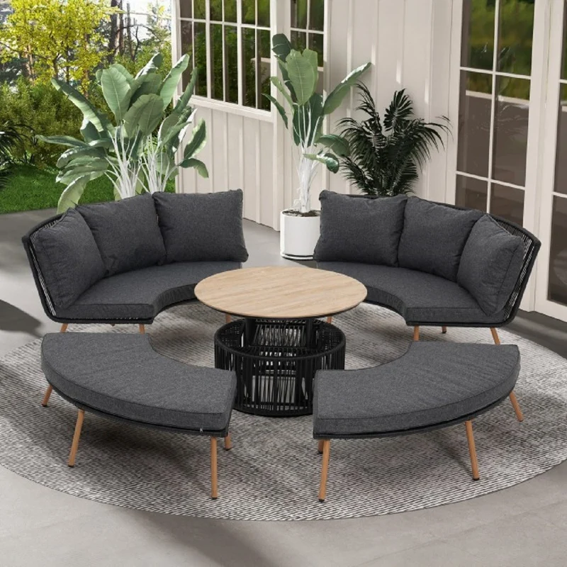 Casa Padrino Luxus Garten Möbel Set Grau / Naturfarben - 2 Gartensofas & 2 Gartenbänke & 1 Gartentisch