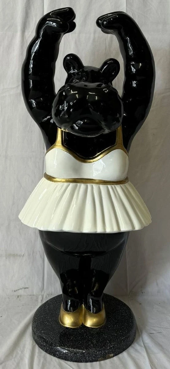 Casa Padrino XXL Deko Skulptur Nilpferd Ballerina Schwarz / Weiß / Gold H. 98 cm