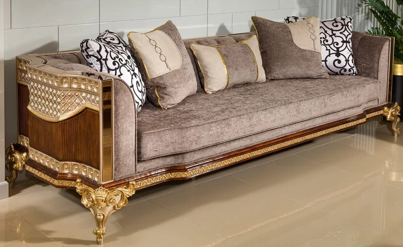 Casa Padrino Luxus Barock Sofa Grau / Dunkelbraun / Gold 265 cm - Barock Möbel