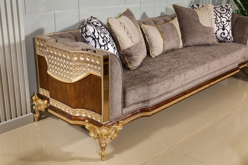 Casa Padrino Luxus Barock Sofa Grau / Dunkelbraun / Gold 265 cm - Barock Möbel