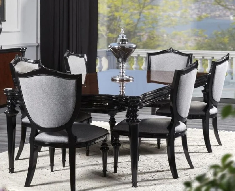 Casa Padrino Luxus Barock Esszimmer Set Silbergrau / Schwarz - 1 Barock Esstisch & 6 Barock Esszimmerstühle