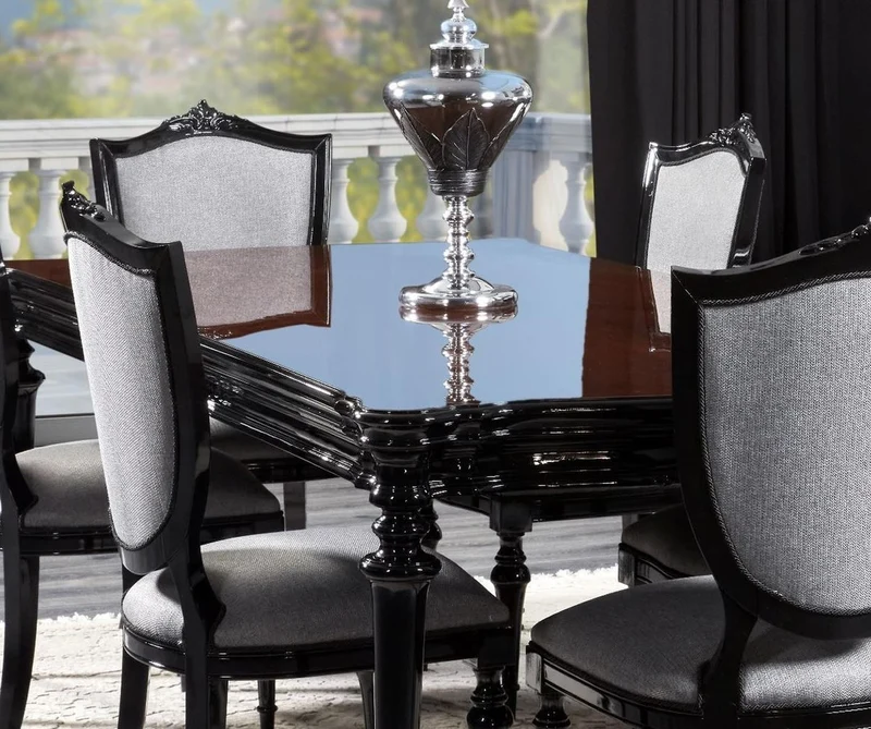 Casa Padrino Luxus Barock Esszimmer Set Silbergrau / Schwarz - 1 Barock Esstisch & 6 Barock Esszimmerstühle