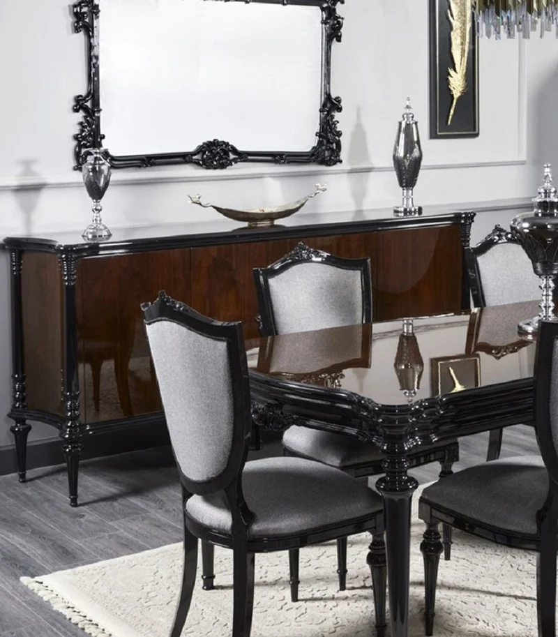 Casa Padrino Luxus Barock Esszimmer Set Silbergrau / Schwarz - 1 Barock Esstisch & 6 Barock Esszimmerstühle