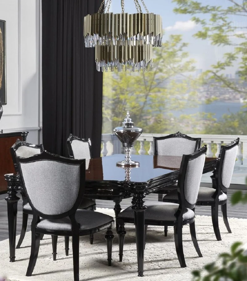 Casa Padrino Luxus Barock Esszimmer Set Silbergrau / Schwarz - 1 Barock Esstisch & 6 Barock Esszimmerstühle