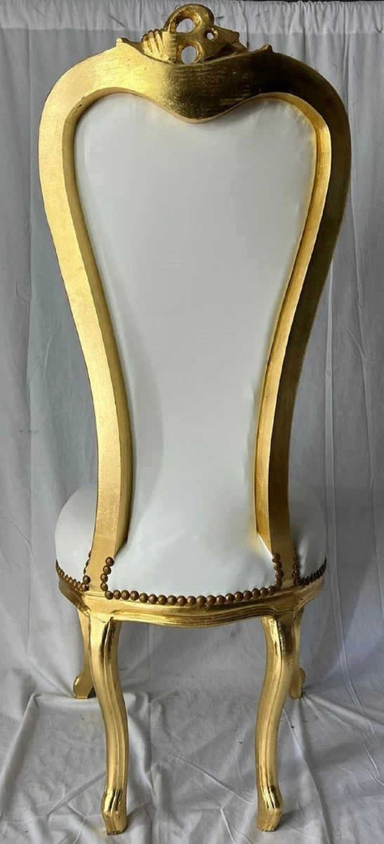 Casa Padrino Barock Thron Stuhl mit Kunstleder und Glitzersteinen Weiß / Gold - Barock Möbel Hochzeit Sessel
