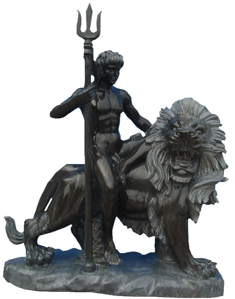 Casa Padrino Antik Stil Marmor Skulptur Mann auf Löwe Links Schwarz / Grau H. 100 cm - Garten Deko