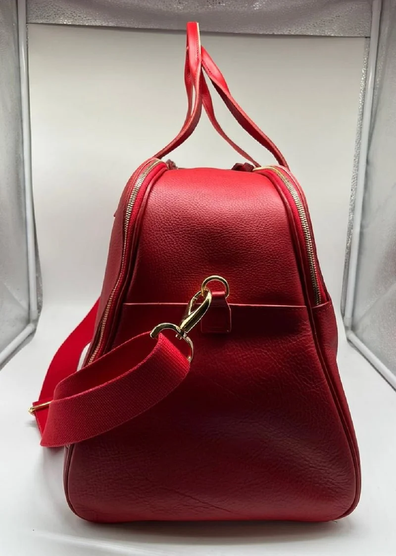 Casa Padrino Luxus Echtleder Reisetasche Rot / Gold 50 cm - Made in Italy