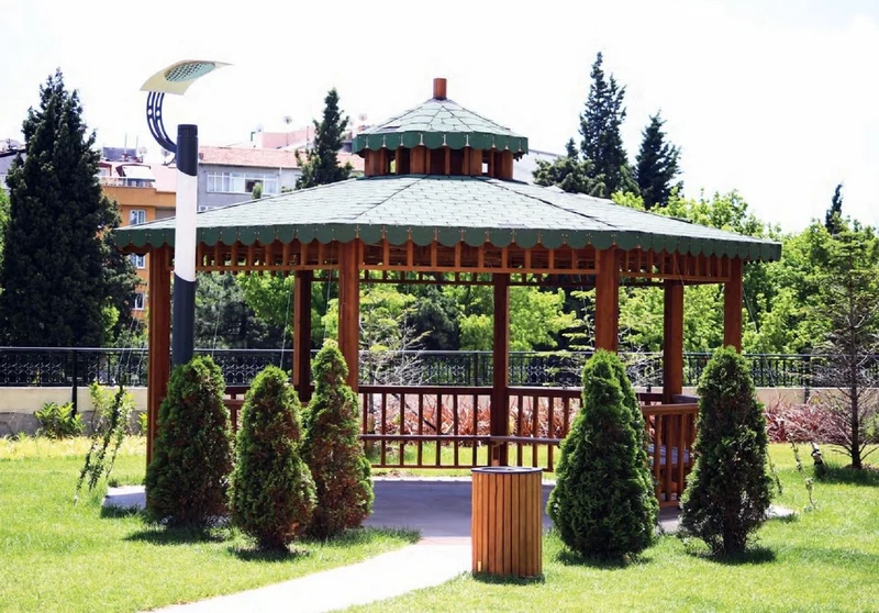 Casa Padrino Pavillon mit Sitzbänken Braun / Grün 600 x 600 x H. 410 cm - Garten & Park Möbel