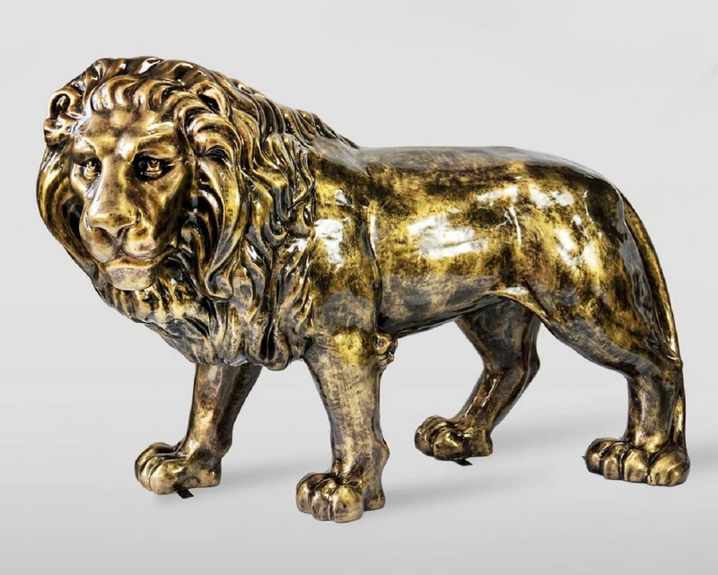 Casa Padrino XXL Deko Skulptur Löwe Antik Gold 185 cm - Lebensgroße Garten Deko Figur