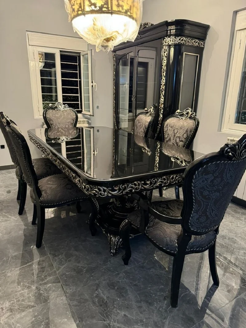 Casa Padrino Luxus Barock Esszimmer Set Schwarz / Silber - 1 Barock Esstisch & 6 Barock Esszimmerstühle