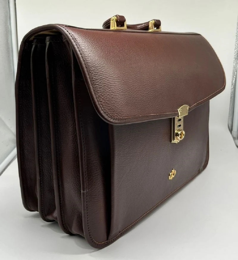 Casa Padrino Luxus Echtleder Herren Aktentasche Dunkelbraun / Gold 42 cm - Made in Italy