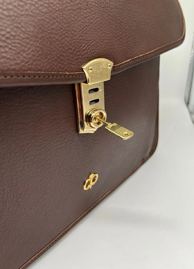 Casa Padrino Luxus Echtleder Herren Aktentasche Dunkelbraun / Gold 42 cm - Made in Italy