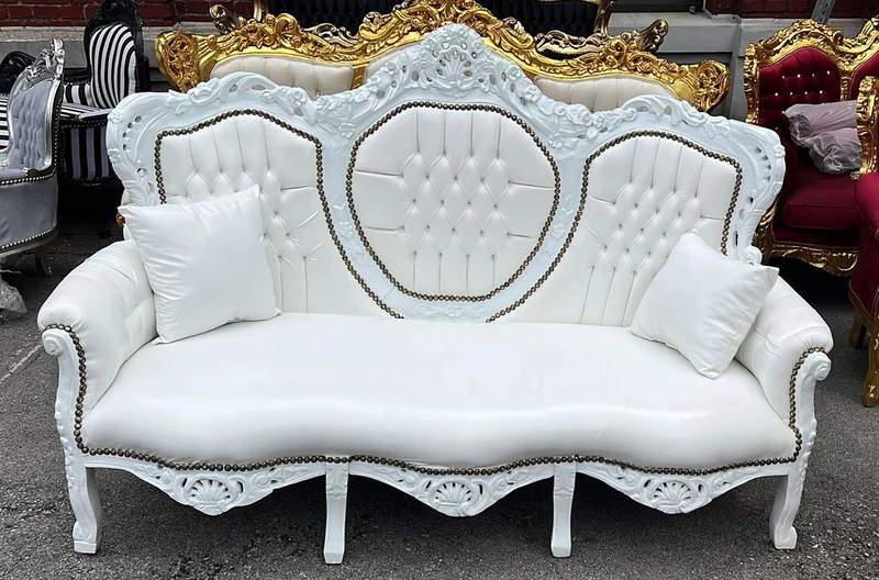 Casa Padrino Barock Kunstleder Sofa Weiß 180 cm - Barock Wohnzimmer Möbel