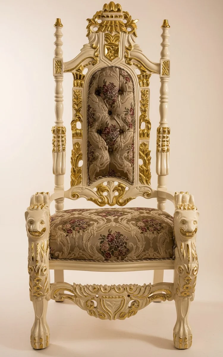 Pompöös by Casa Padrino Luxus Barock Thron Sessel Krone Creme / Gold - designed by Harald Glööckler