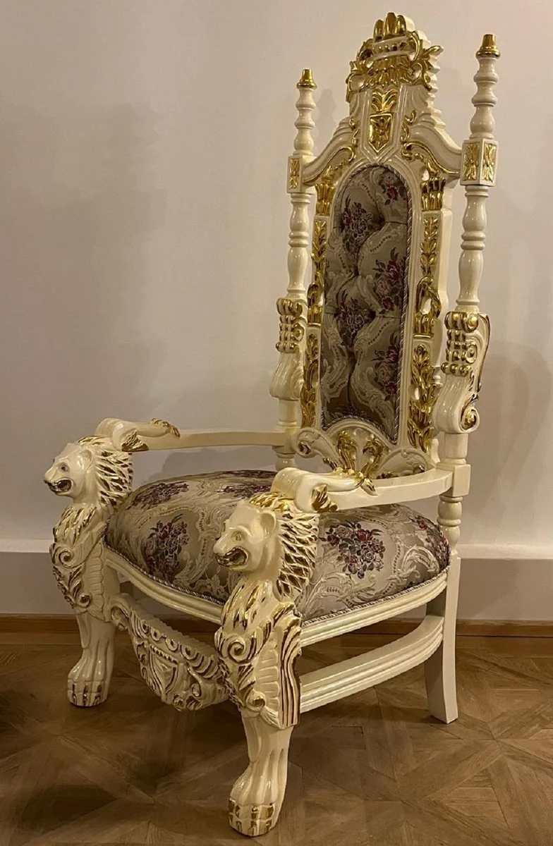 Pompöös by Casa Padrino Luxus Barock Thron Sessel Krone Creme / Gold - designed by Harald Glööckler
