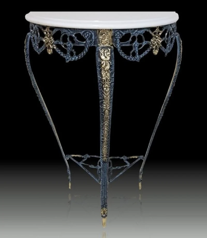 Casa Padrino Luxus Barock Konsole mit Marmorplatte Blau / Gold / Weiß H. 80 cm - Barock Möbel