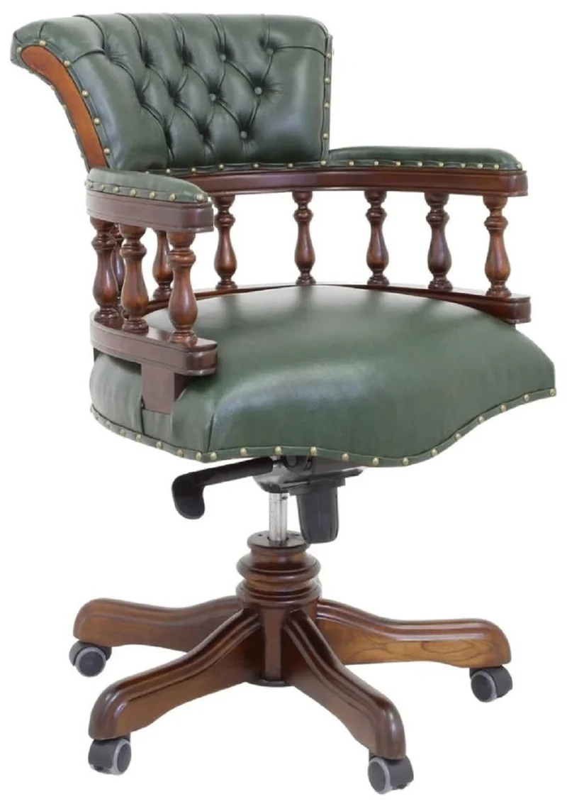 Casa Padrino Luxus Barock Chesterfield Echtleder Schreibtischstuhl Grün / Braun H. 107 cm - Barock Büro Möbel