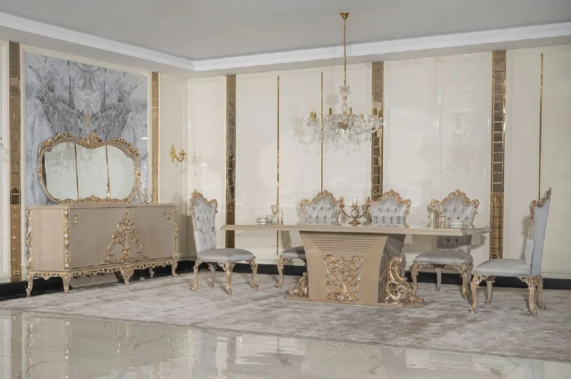 Casa Padrino Luxus Barock Esszimmer Set Silber / Grau / Gold - 1 Barock Esstisch & 8 Barock Esszimmerstühle
