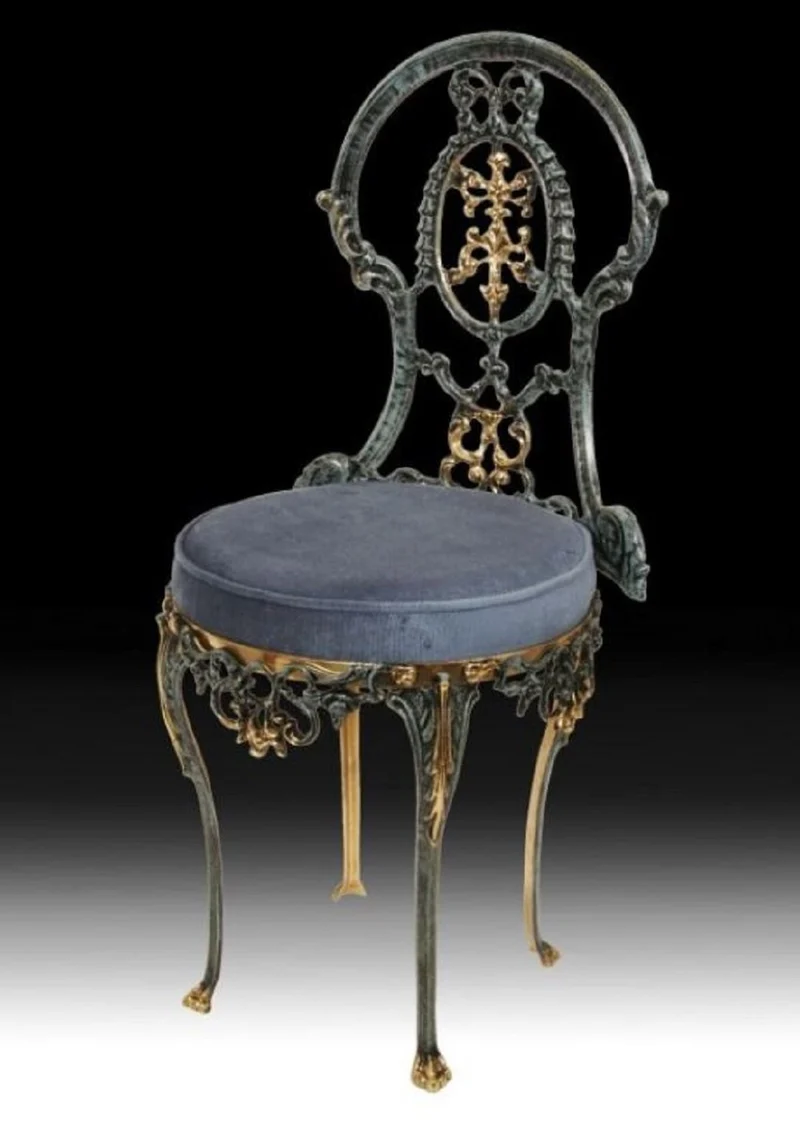 Casa Padrino Luxus Barock Bronze Esszimmer Stuhl Blau / Gold H. 86 cm - Barock Esszimmer Möbel