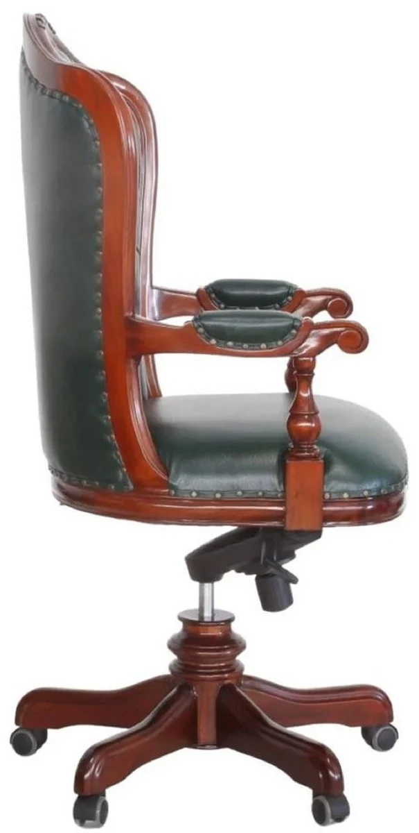 Casa Padrino Luxus Barock Chesterfield Echtleder Schreibtischstuhl Dunkelgrün / Braun H. 123 cm - Barock Büro Möbel