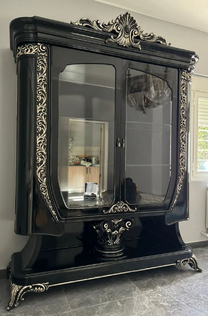 Casa Padrino Luxus Barock Vitrine Schwarz / Silber - Handgefertigte Barock Möbel