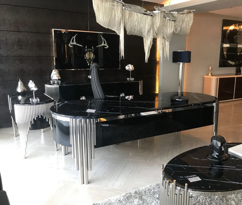 Casa Padrino Luxus Sideboard mit 4 Türen und Kunstmarmor Platte Schwarz / Silber 251,2 cm - Luxus Möbel