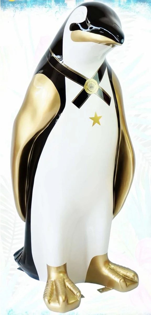 Casa Padrino XXL Deko Skulptur Pinguin Weiß / Schwarz / Gold H. 170 cm