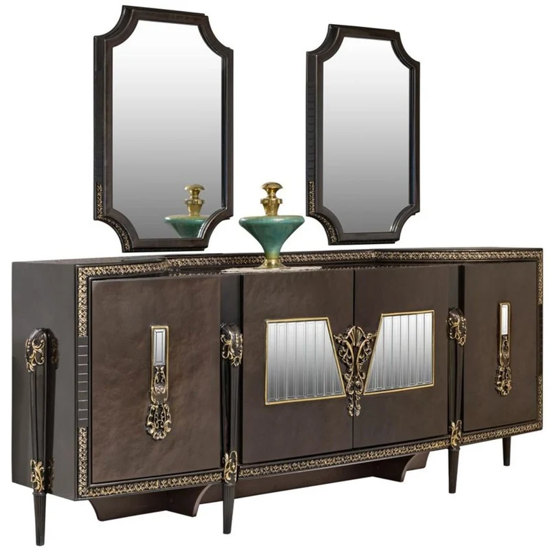 Casa Padrino Luxus Barock Sideboard und 2 Spiegel Dunkelbraun / Gold - Barock Möbel